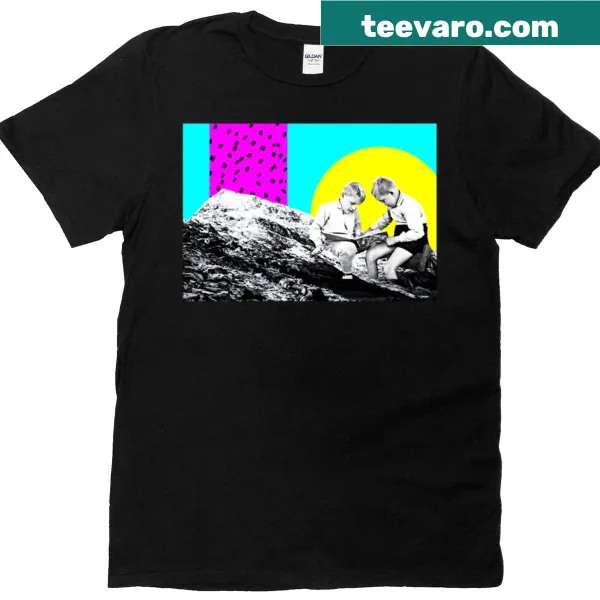 Illustrated graphic of mountains and books on a T-shirt