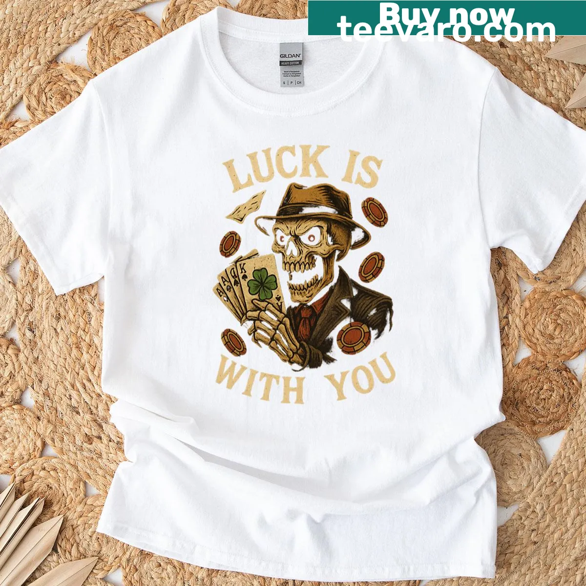 Aggressive poker skull graphic with card symbols on a t-shirt — on a men's t-shirt