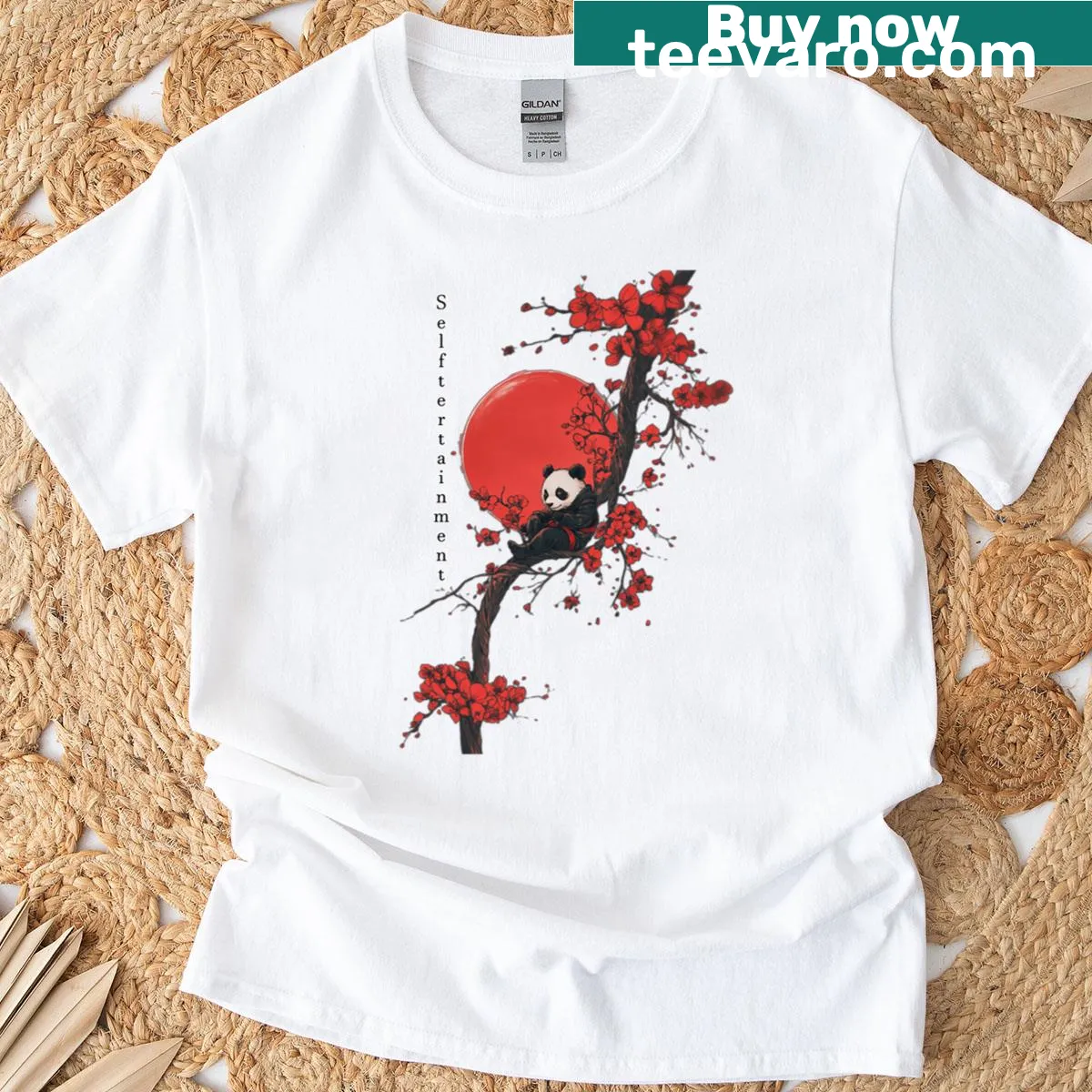Illustration of a panda and red sun on a t-shirt — on a men's t-shirt