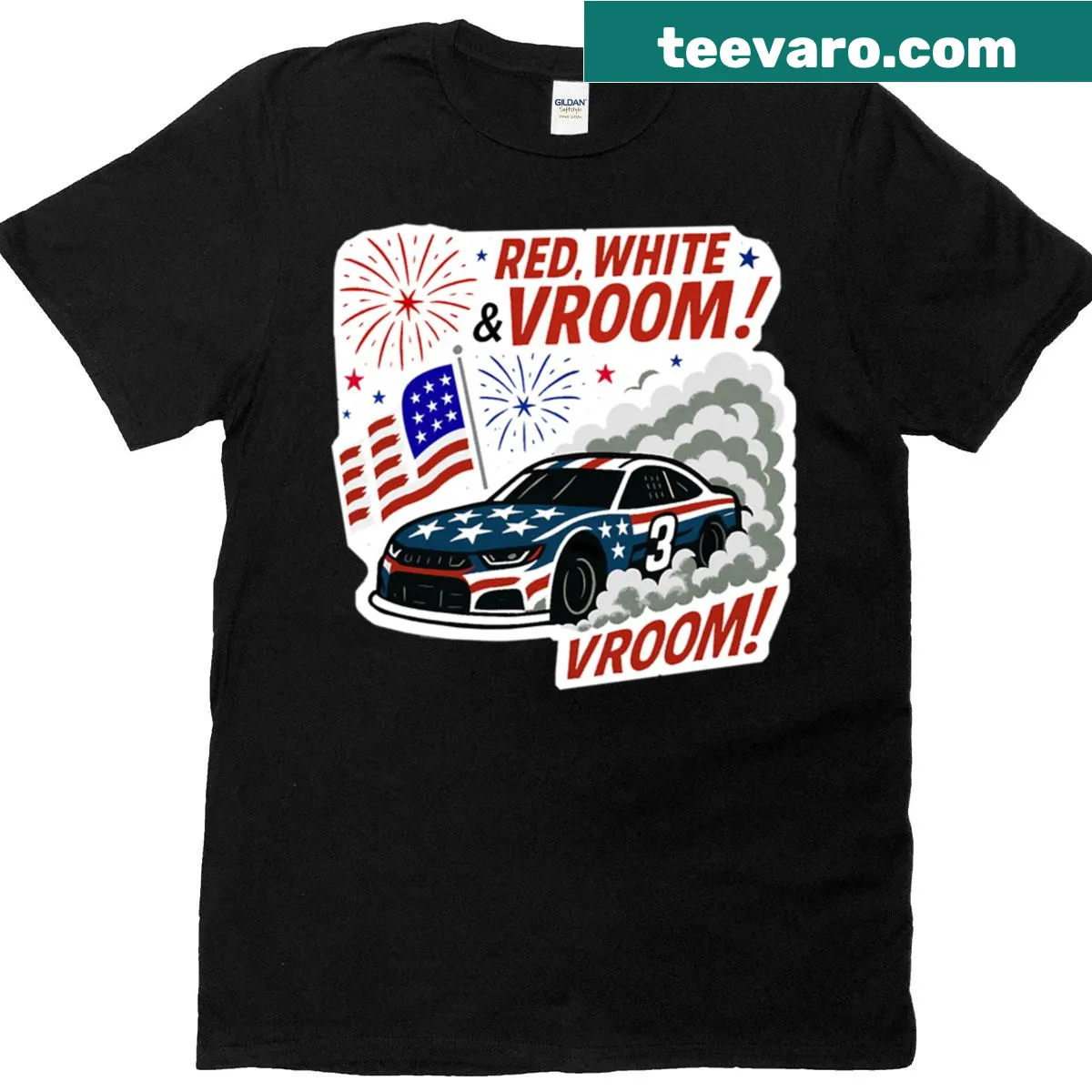 Patriotic T-shirt featuring a racecar design with red, white, and blue elements — on a men's t-shirt