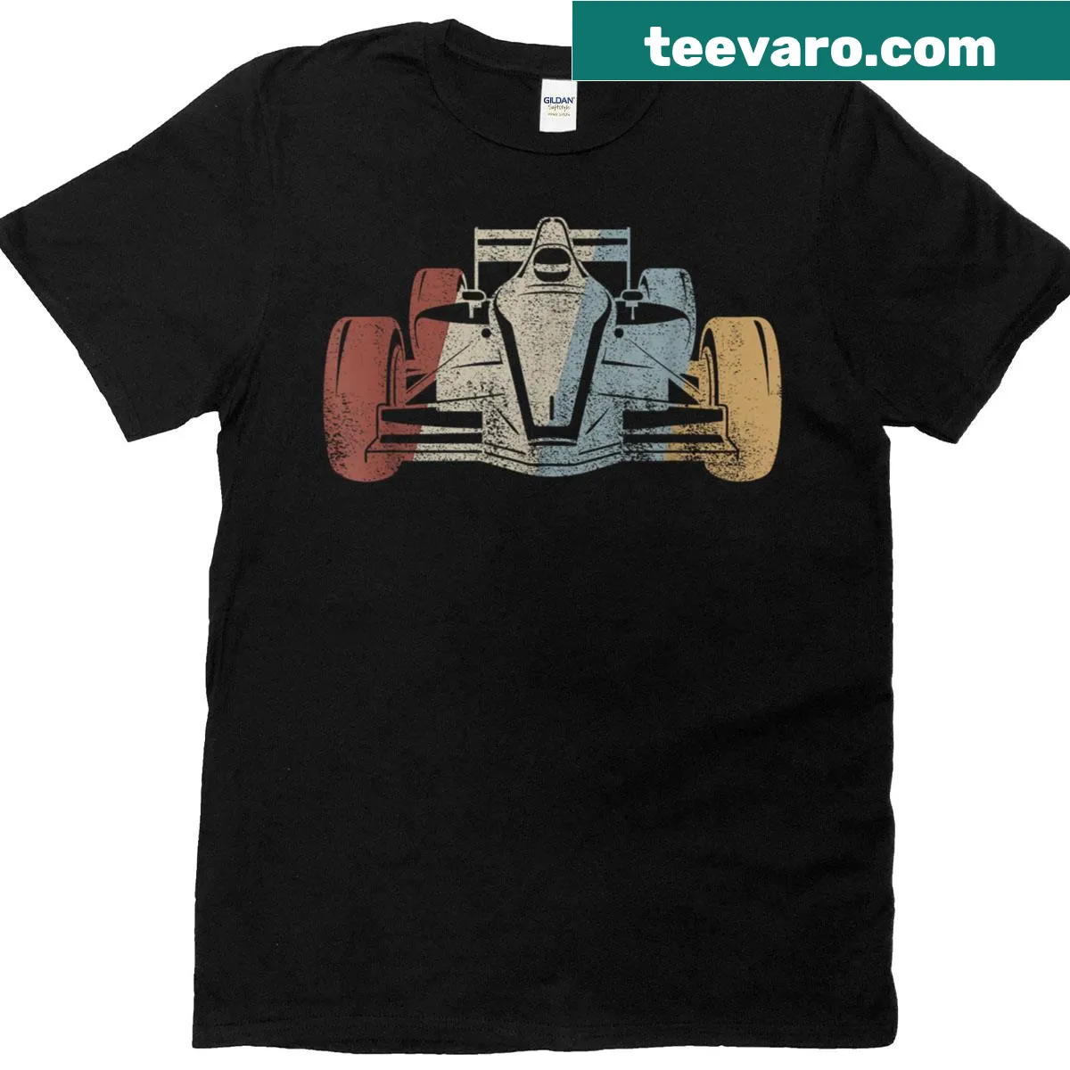 Vintage-style T-shirt featuring a classic race car graphic — on a men's t-shirt