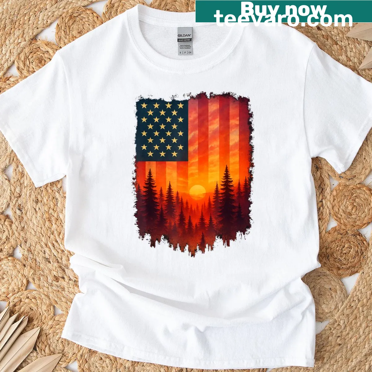 Retro sunset and forest trees graphic t-shirt — on a men's t-shirt