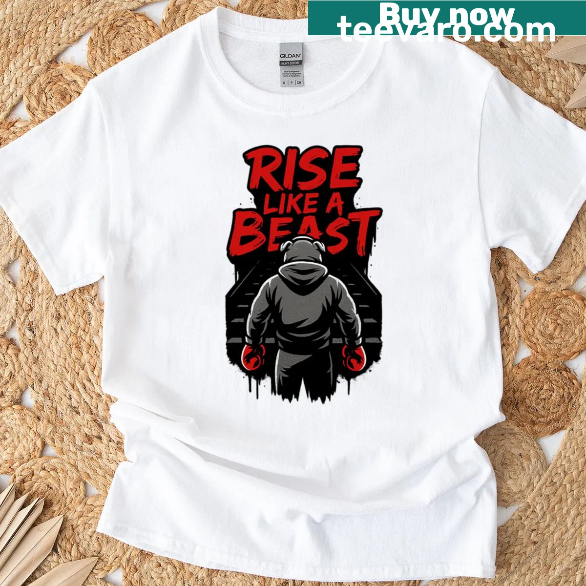 Urban graffiti design with the phrase 'Rise Like A Beast' on oversized T-shirt — on a men's t-shirt