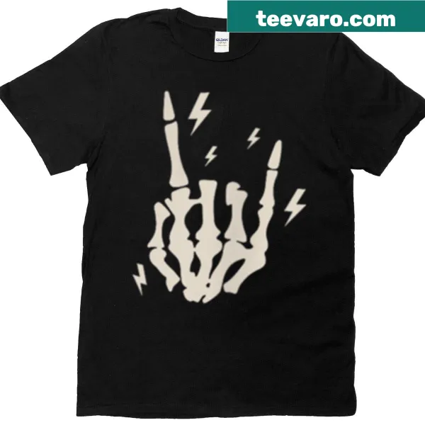 Skeleton playing guitar graphic T-shirt with a rock theme