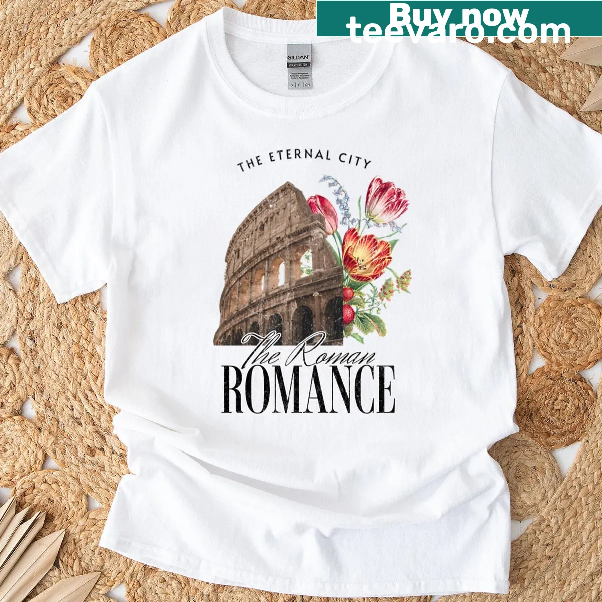 Illustrated T-shirt featuring the Colosseum, symbolizing romantic Italy — on a men's t-shirt