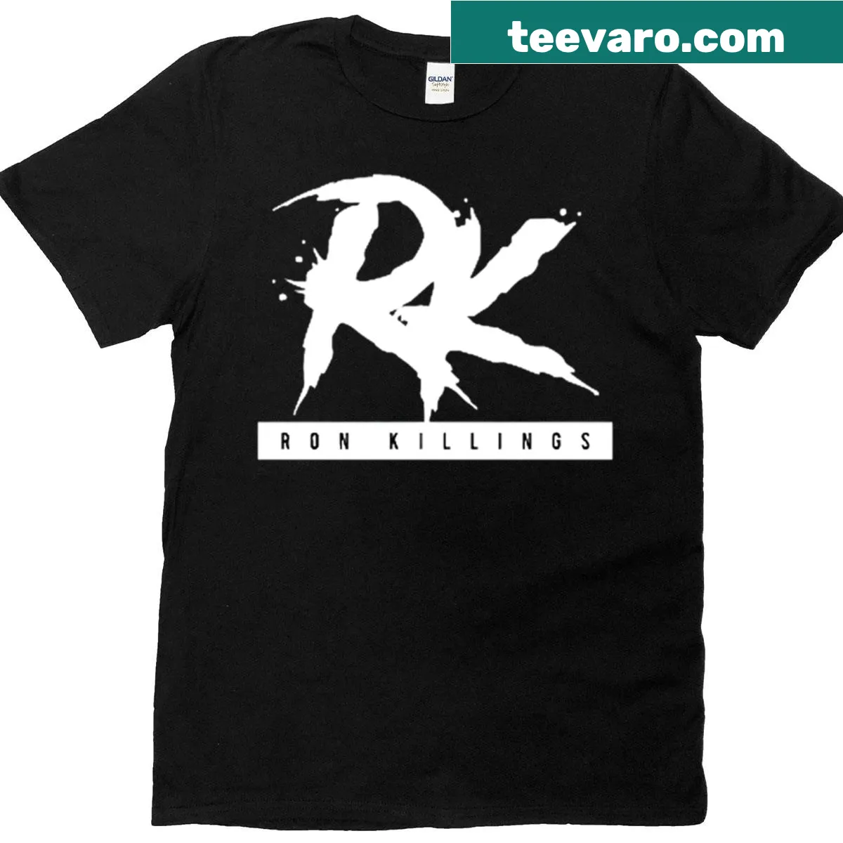 Graphic T-shirt featuring Ron Killings' RK logo — on a men's t-shirt