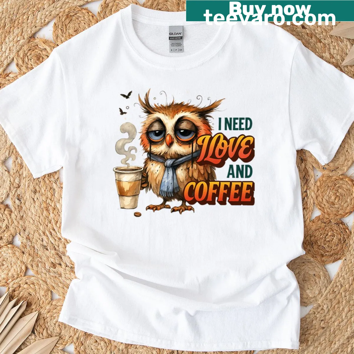 Funny T-shirt with a tired owl and the phrase about caffeine and hope — on a men's t-shirt