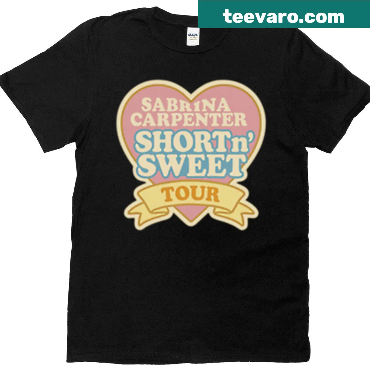 Sabrina Carpenter Short N Sweet Tour t-shirt with playful typography design — on a men's t-shirt