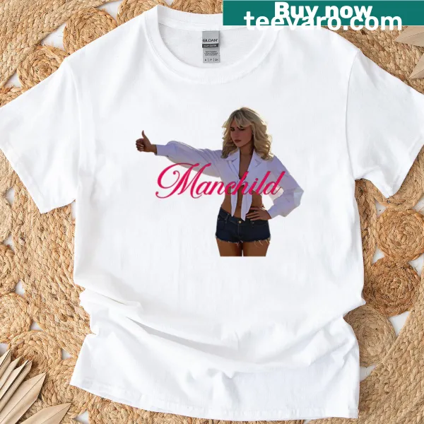 Illustrative design inspired by Sabrina Carpenter's song Manchild on a t-shirt