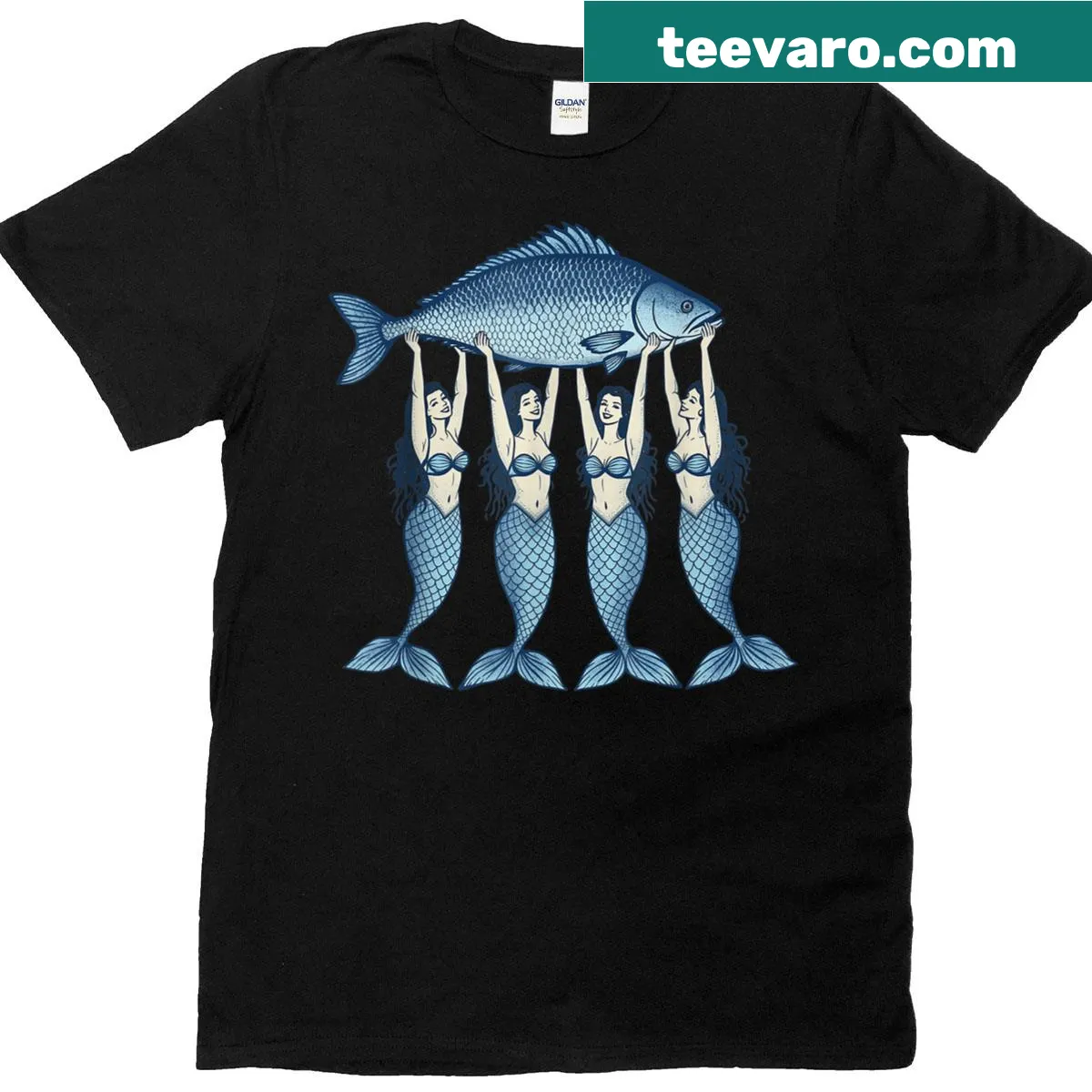 Mermaid and sardines illustration on a coastal-themed women's t-shirt — on a men's t-shirt
