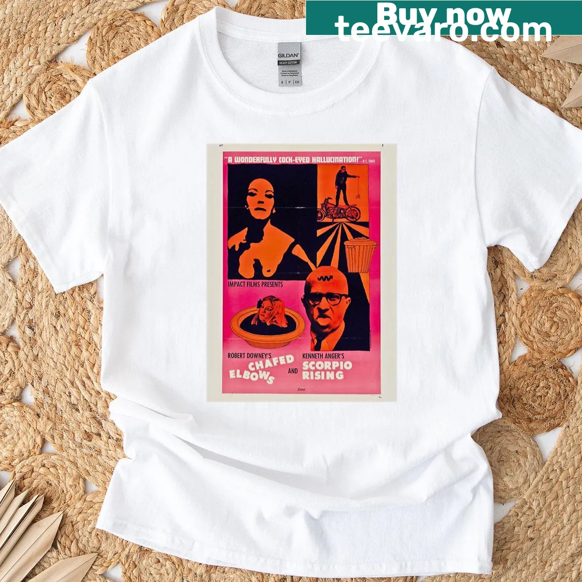Text graphic with 'Scorpio Rising' on a T-shirt — on a men's t-shirt
