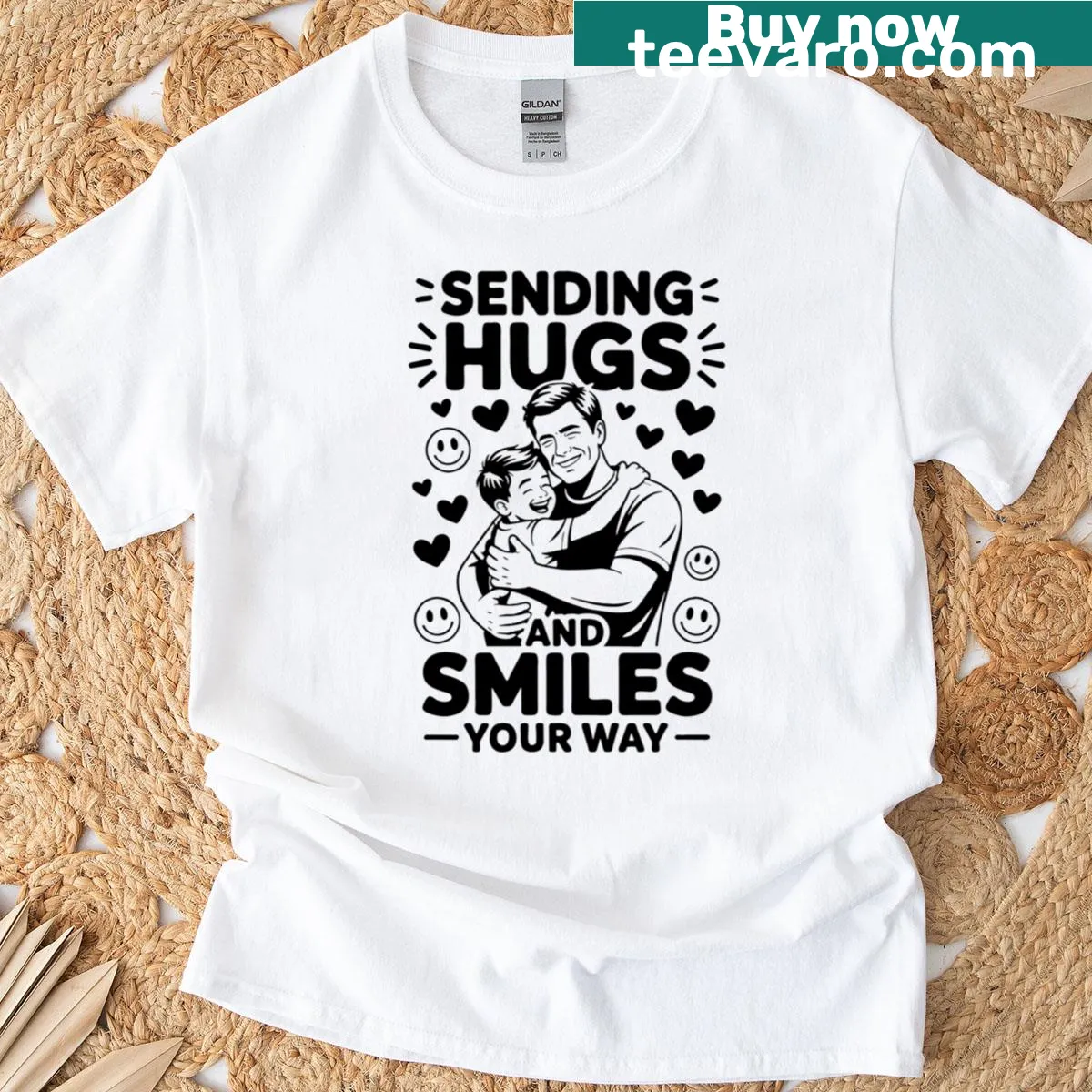 Wholesome t-shirt sending hugs and smiles with playful graphics — on a men's t-shirt