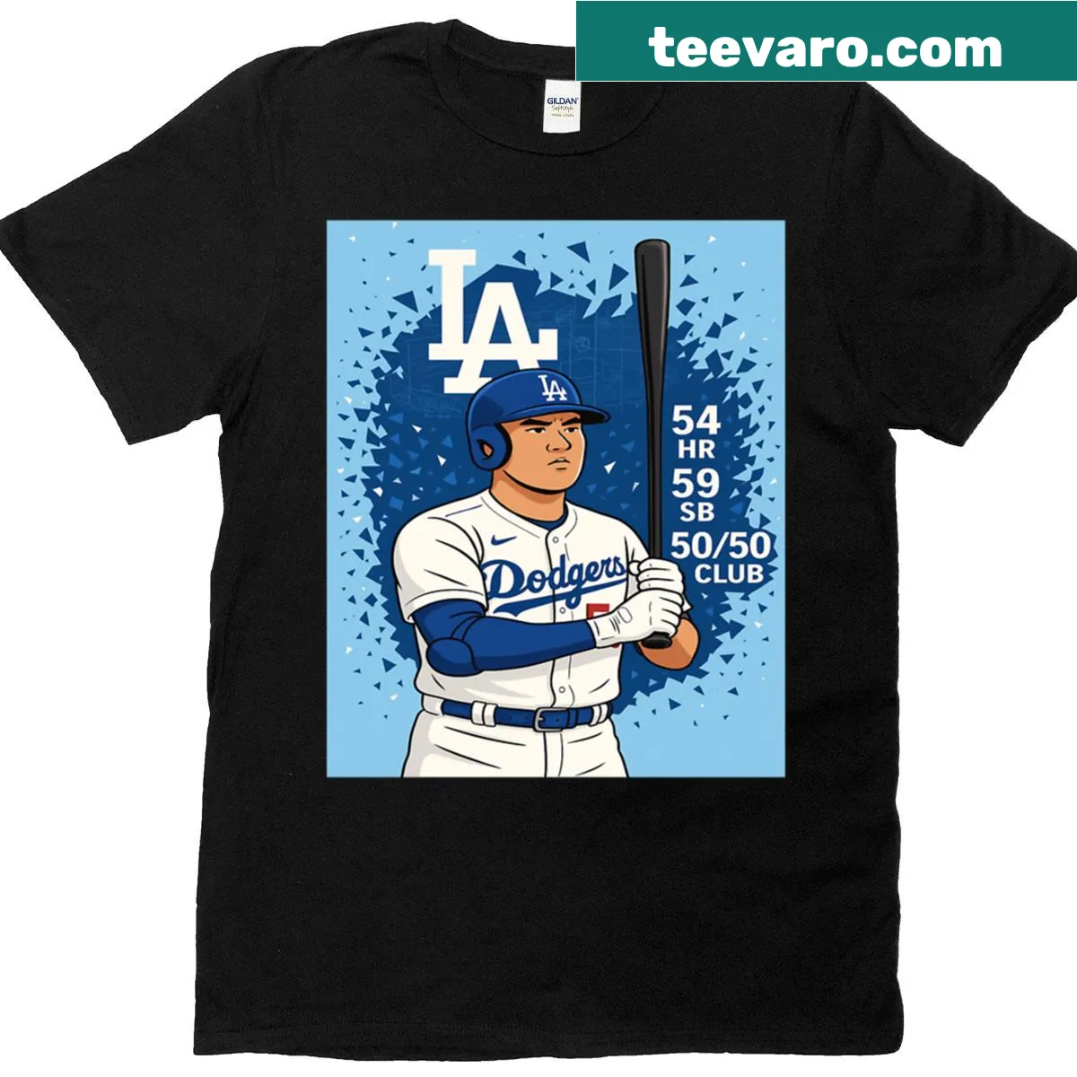 Cartoon illustration of Shohei with baseball statistics on T-shirt — on a men's t-shirt