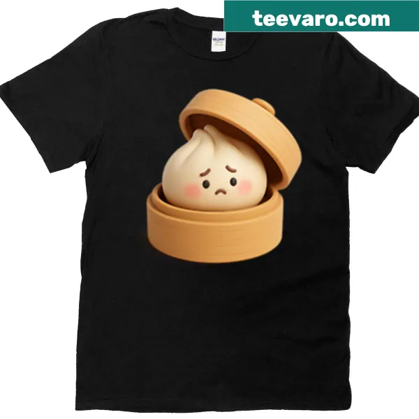 Cartoon shy bao bun in a steamer on a playful T-shirt