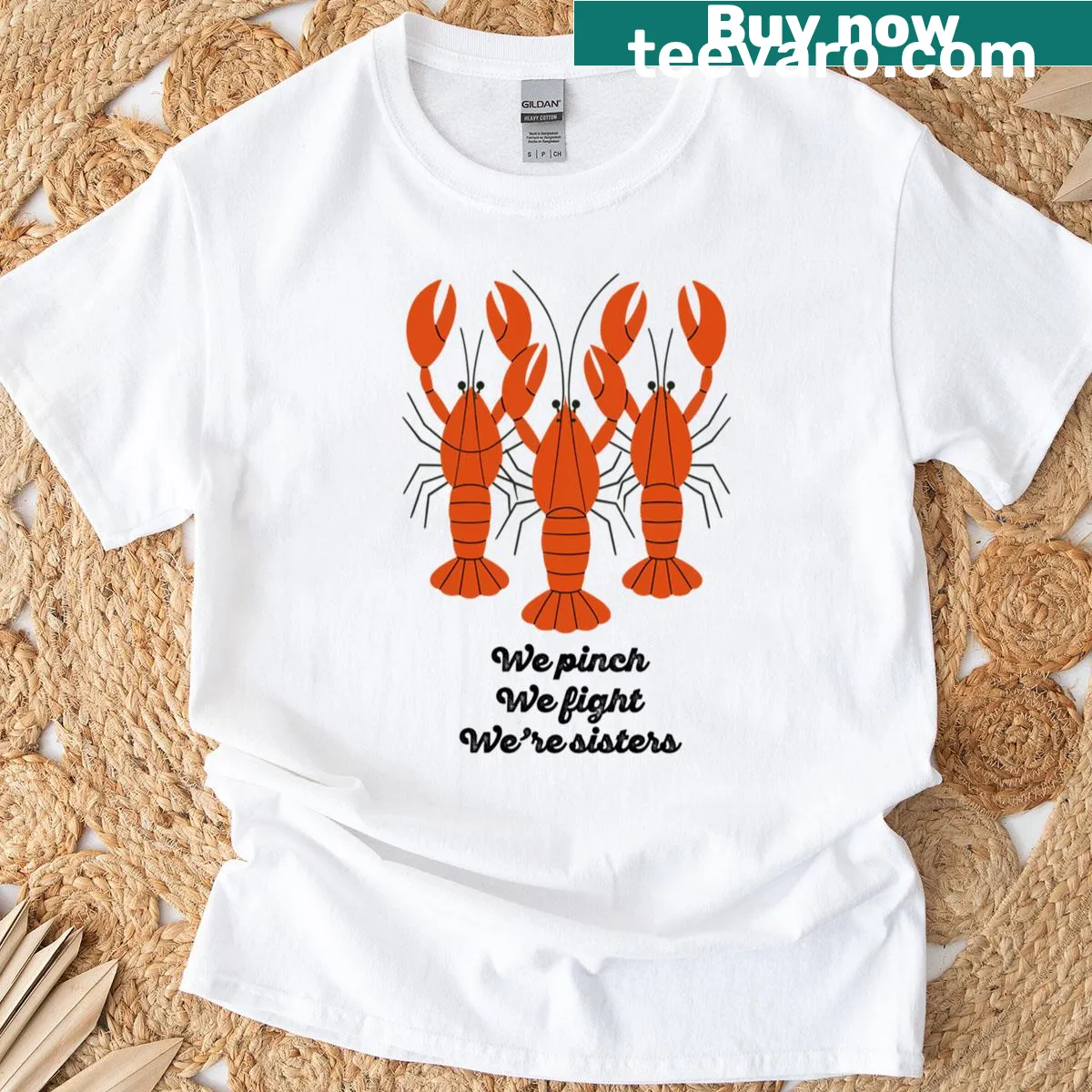 Illustration of two lobsters with the word 'Sisters' on a t-shirt — on a men's t-shirt