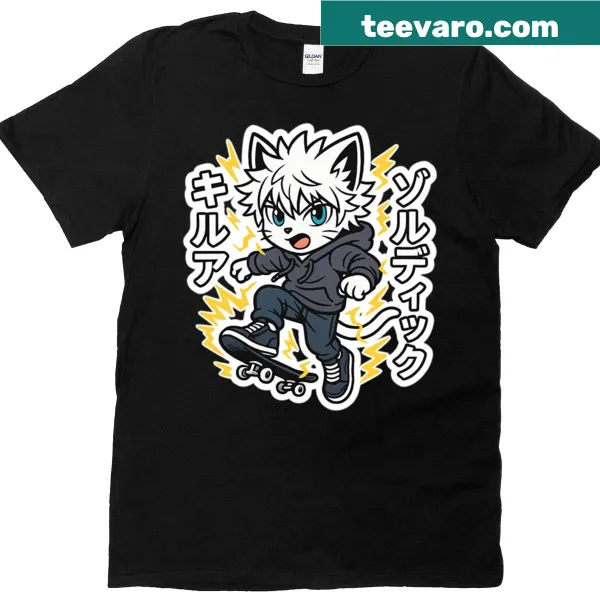 Fun T-shirt featuring a lightning cat on a skateboard