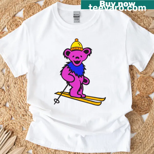 Whimsical skiing bear illustration on a t-shirt