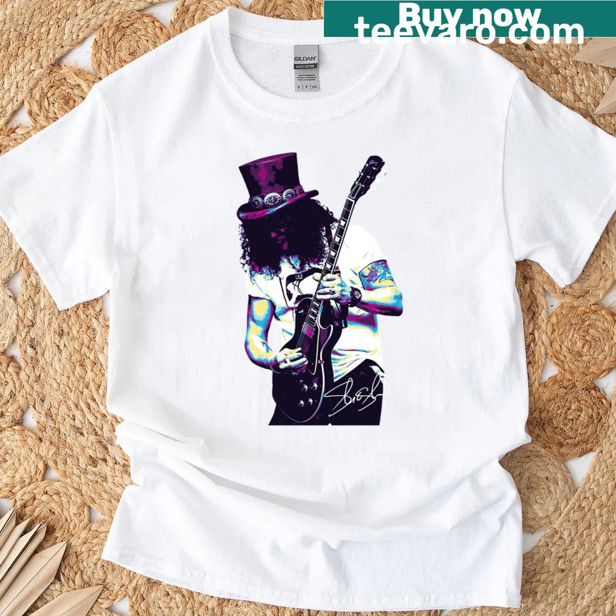 Illustrated t-shirt featuring guitarist Slash in action — on a men's t-shirt