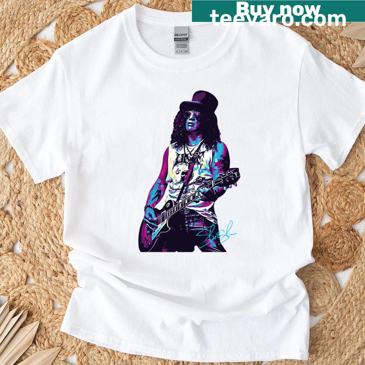 Artistic t-shirt design featuring guitarist Slash with his guitar — on a men's t-shirt
