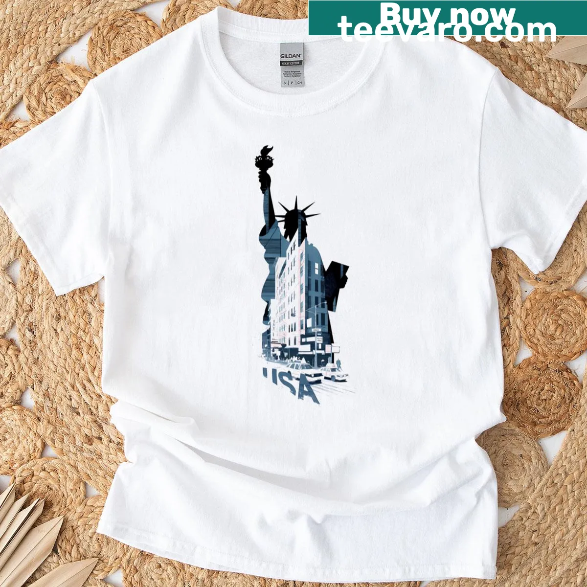 Silhouette T-shirt featuring the Statue of Liberty and NYC skyline — on a men's t-shirt
