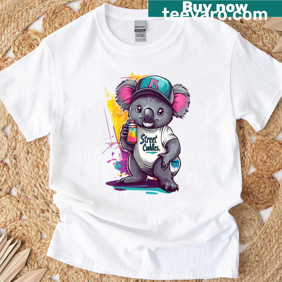 Cute graffiti-style T-shirt featuring a cartoon koala bear — on a men's t-shirt