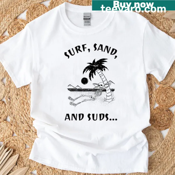 Playful surf and beach-themed design with sand and suds for summer vibes.