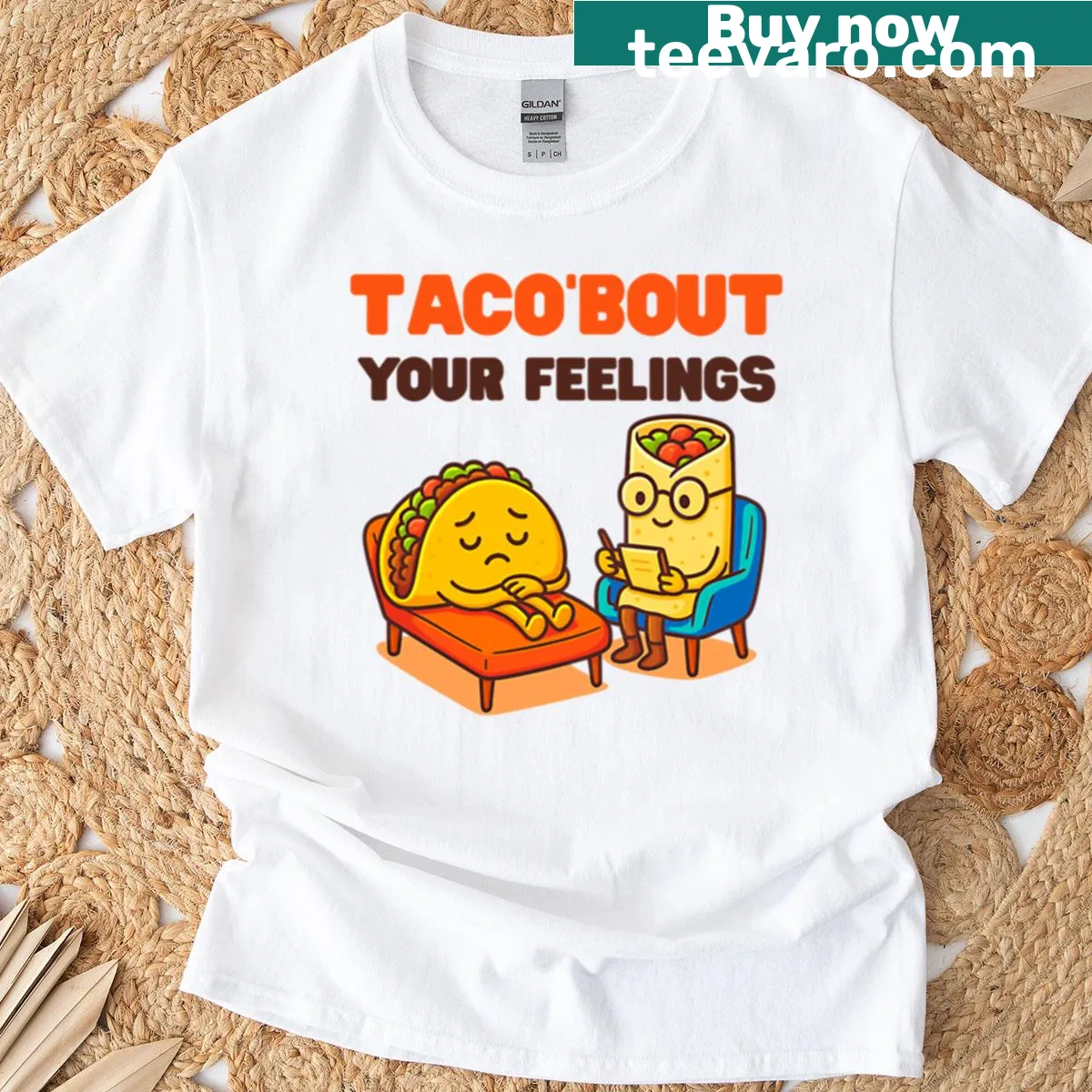 Oversized taco-themed T-shirt with humorous design for taco lovers. — on a men's t-shirt