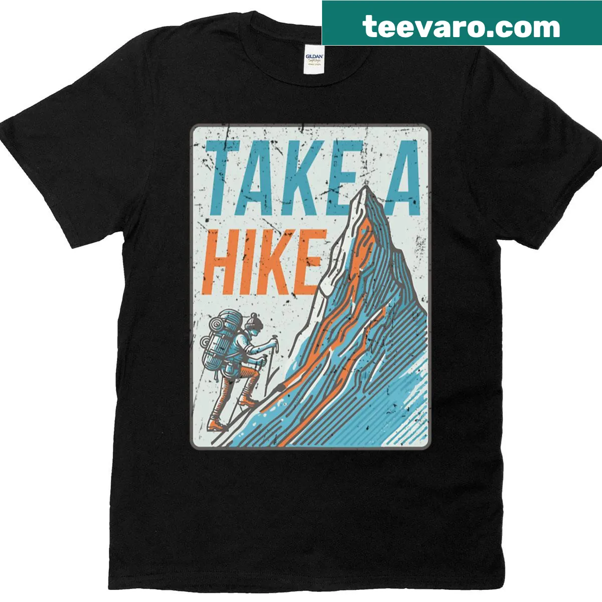 T-shirt featuring a 'Take A Hike' sign graphic — on a men's t-shirt
