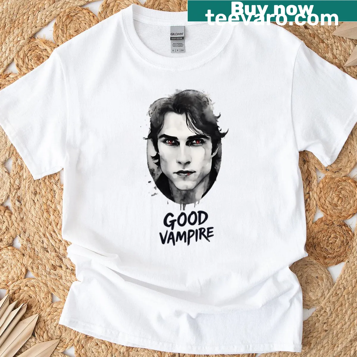 Oversized t-shirt featuring a humorous design of a 'Good Vampire.' — on a men's t-shirt