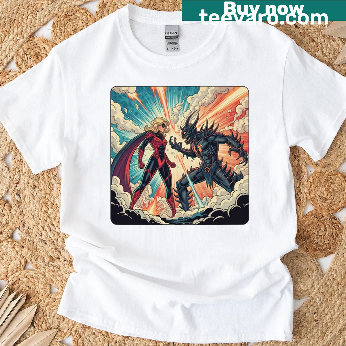 T-shirt featuring a heroine illustration battling darkness. — on a men's t-shirt