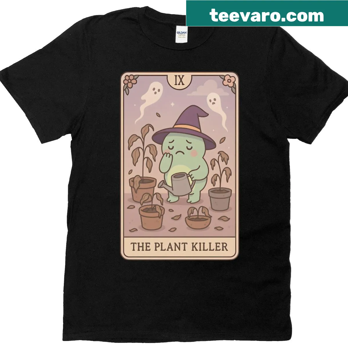 T-shirt with cute witchy tarot card graphics about plant care mishaps — on a men's t-shirt