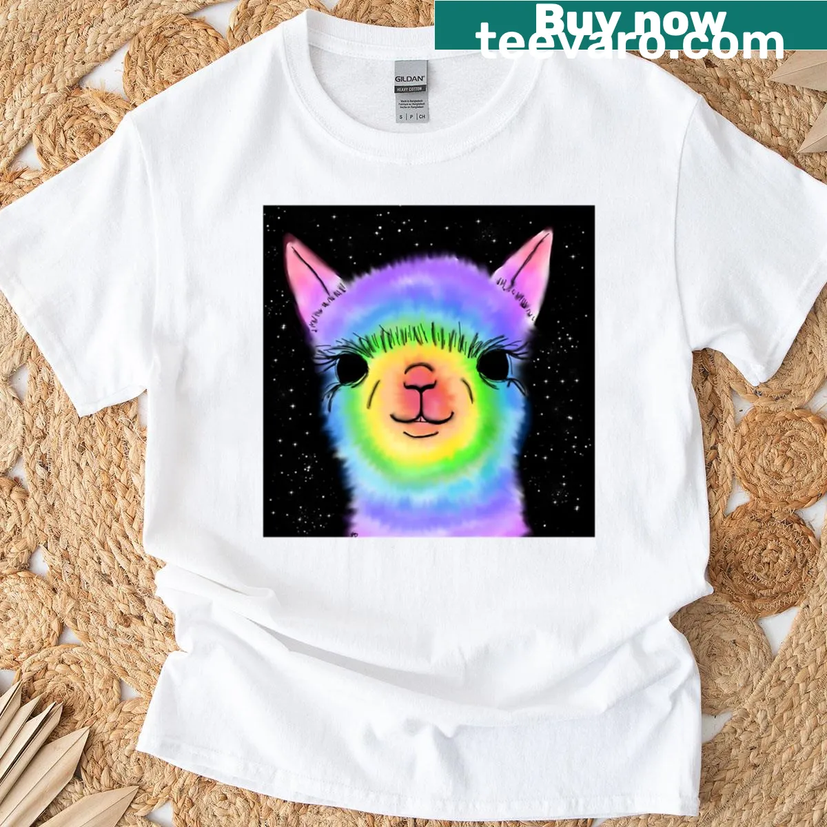 Whimsical alpaca graphic T-shirt with space theme — on a men's t-shirt