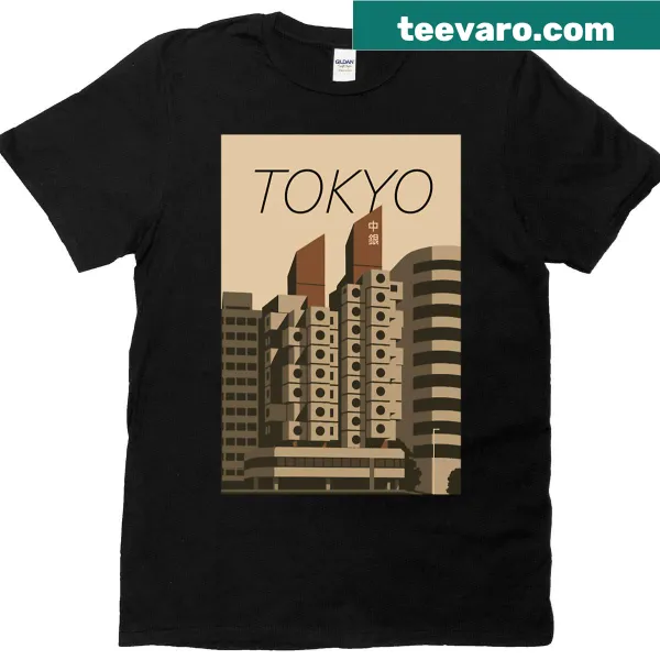 Artistic depiction of the Nakagin Capsule Tower on a travel-themed shirt