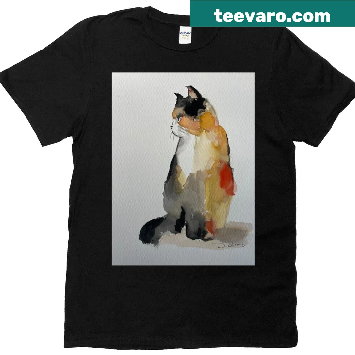 Cute illustration of a tortoiseshell cat on a premium t-shirt for cat lovers — on a men's t-shirt