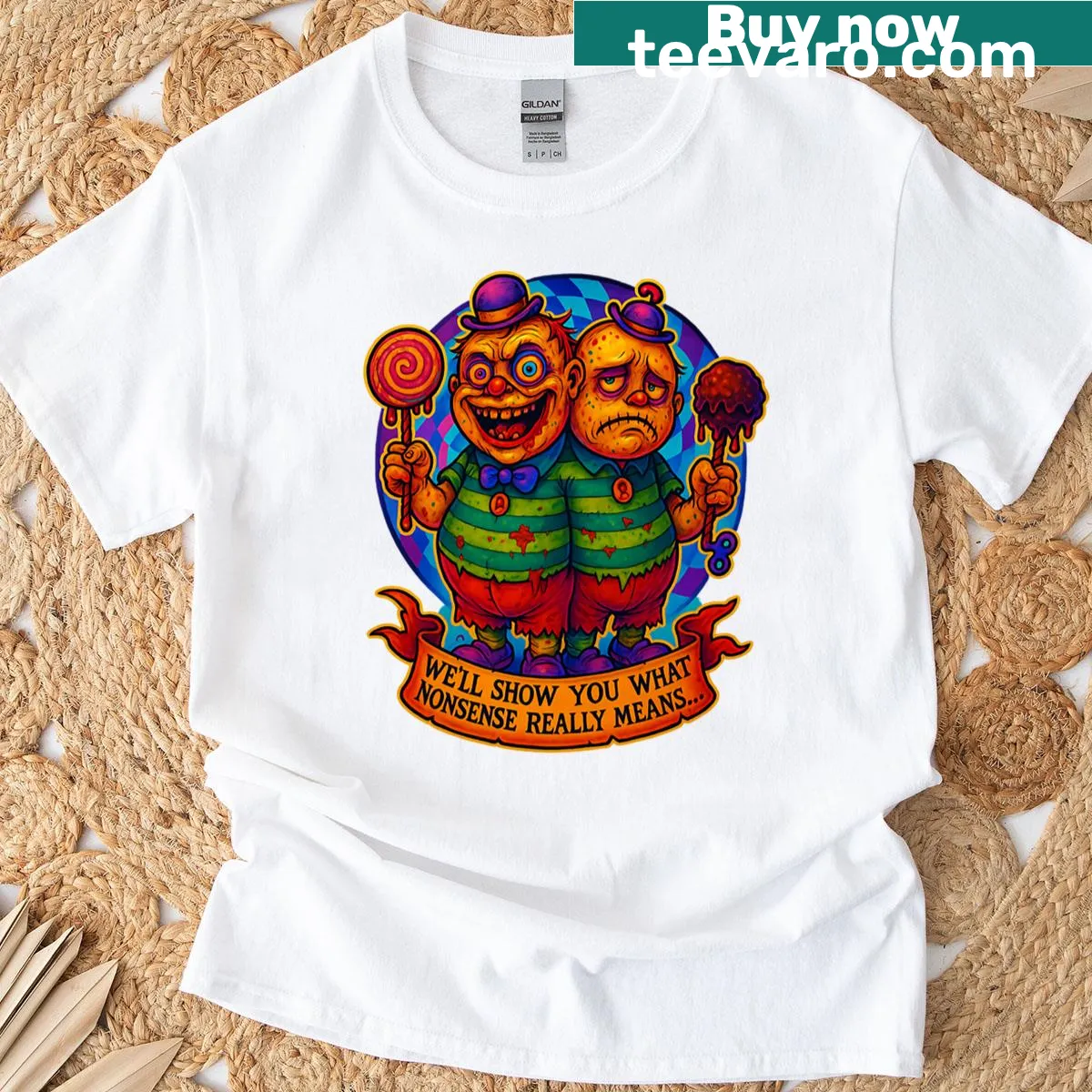 Illustrative Tweedledoom graphic T-shirt featuring a whimsical character — on a men's t-shirt