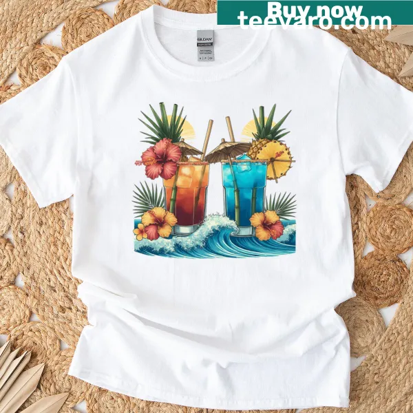 Tiki illustration of a Mai Tai on an oversized T-shirt.