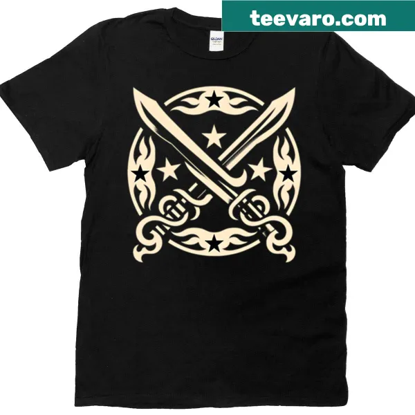 Vintage emblem t-shirt with crossed swords and stars design