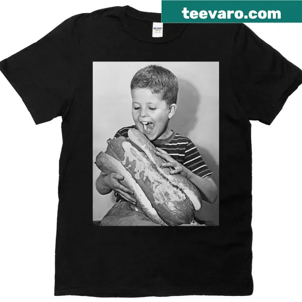 Vintage photo of a boy eating a giant hot dog T-shirt
