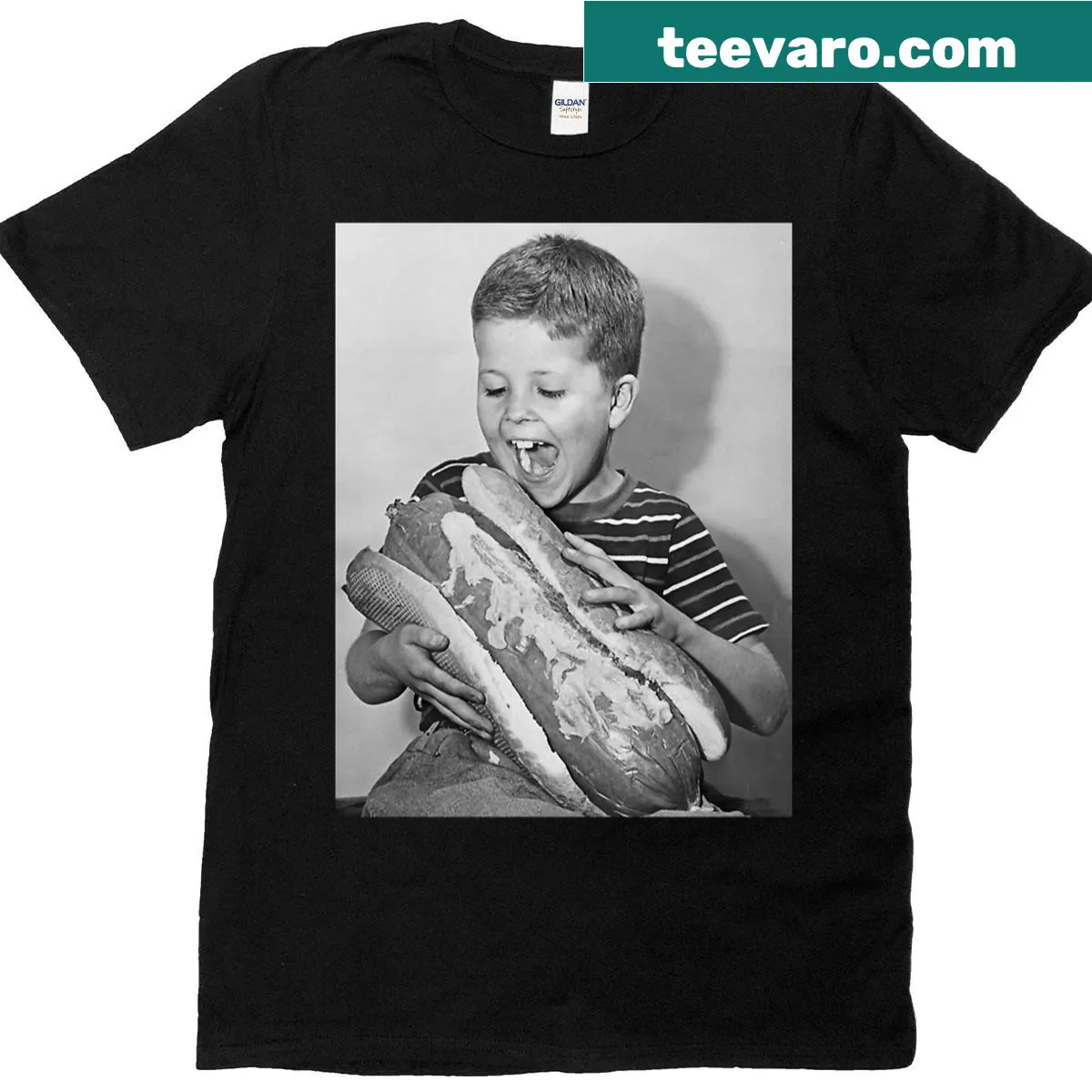 Vintage photo of a boy eating a giant hot dog T-shirt — on a men's t-shirt