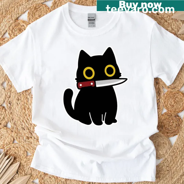 Humorous T-shirt featuring a cat with a knife in a playful style