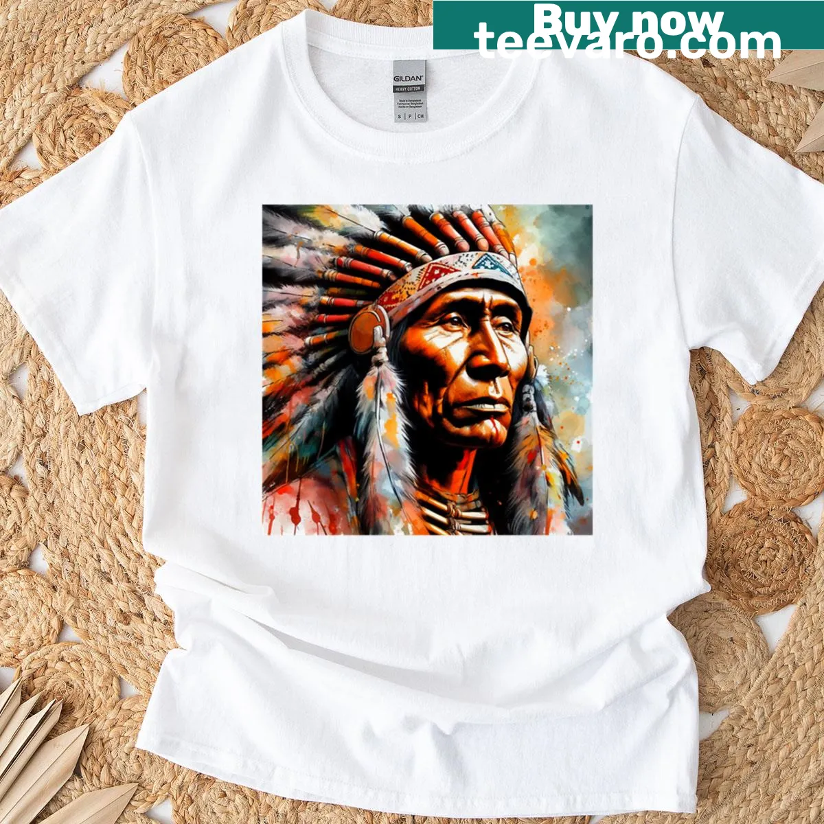 Graphic t-shirt with warriors in a desolate landscape — on a men's t-shirt