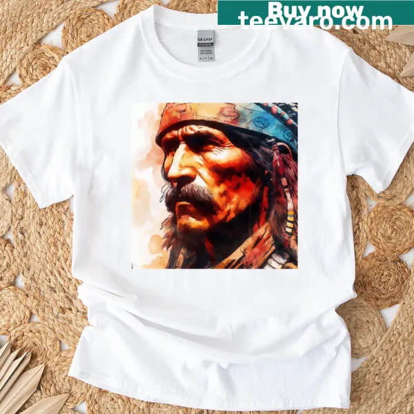 Dramatic illustration of warriors in a wasteland on a T-shirt