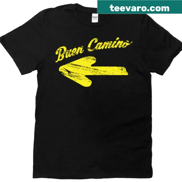 T-shirt with Buen Camino yellow arrow design, symbolizing pilgrimage