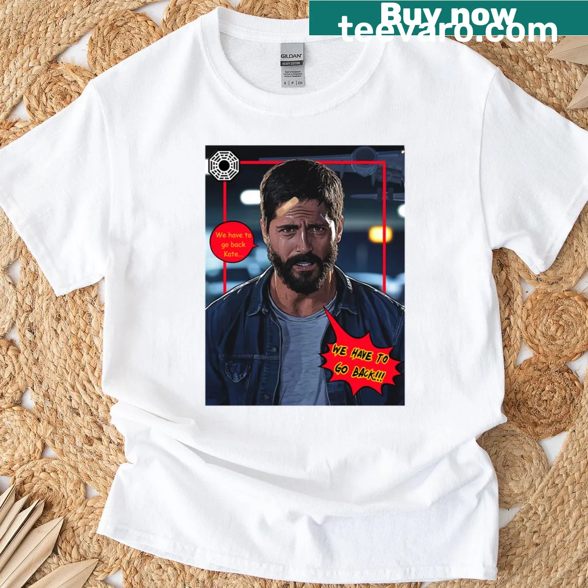 Illustrative T-shirt inspired by time travel and nostalgia — on a men's t-shirt