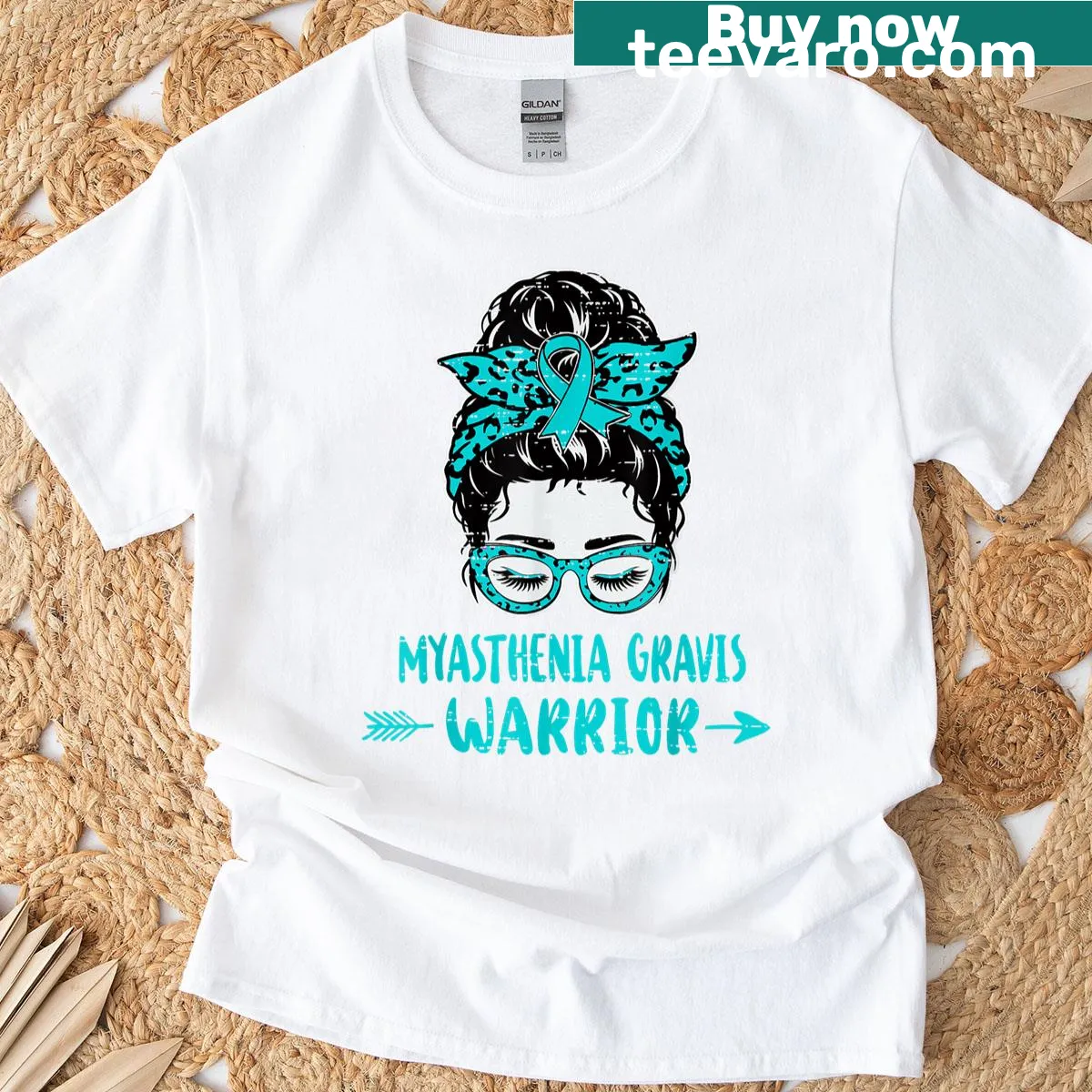 Teal ribbon 'MG Warrior' graphic on women's T-shirt — on a men's t-shirt