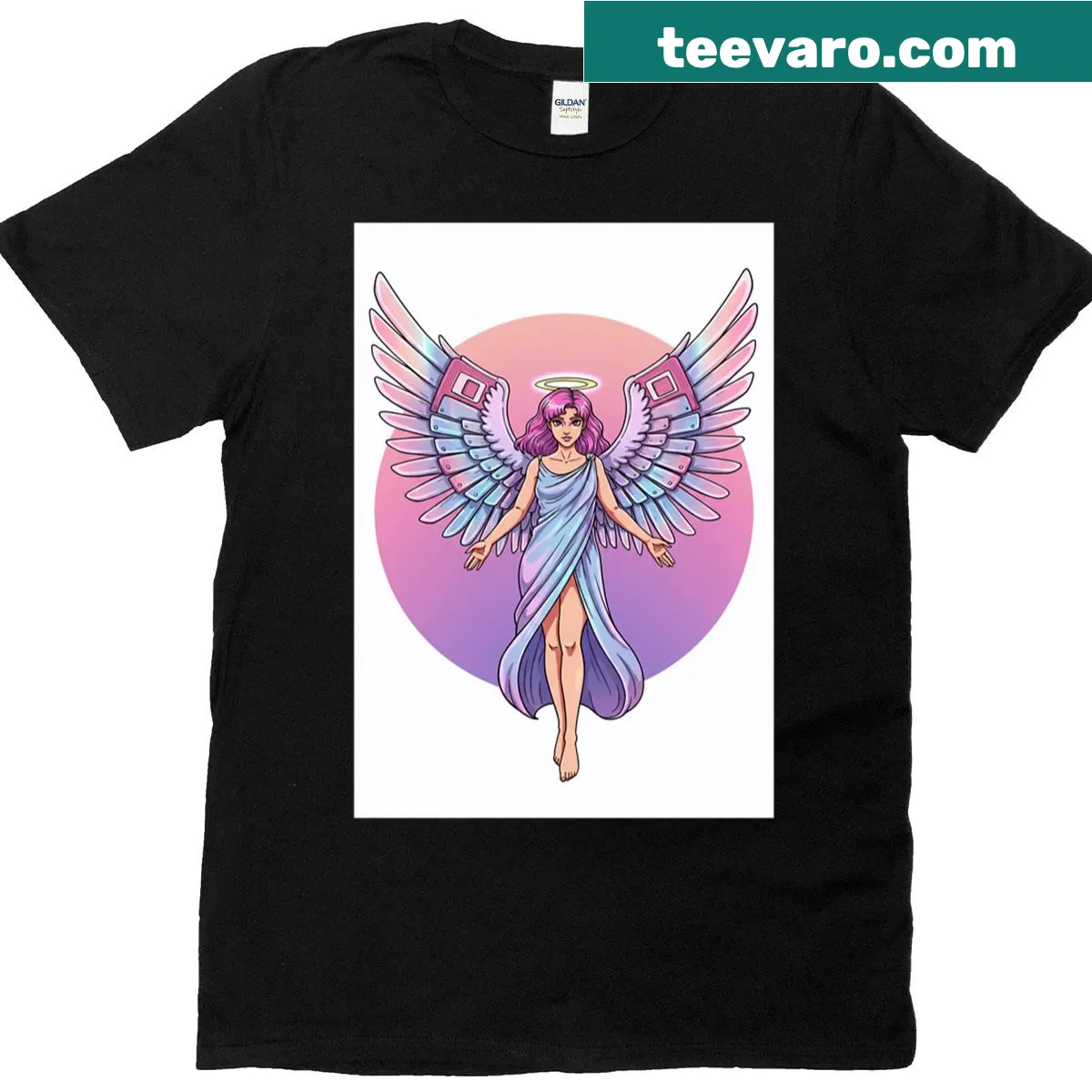 Y2K aesthetic t-shirt with holographic angel art — on a men's t-shirt