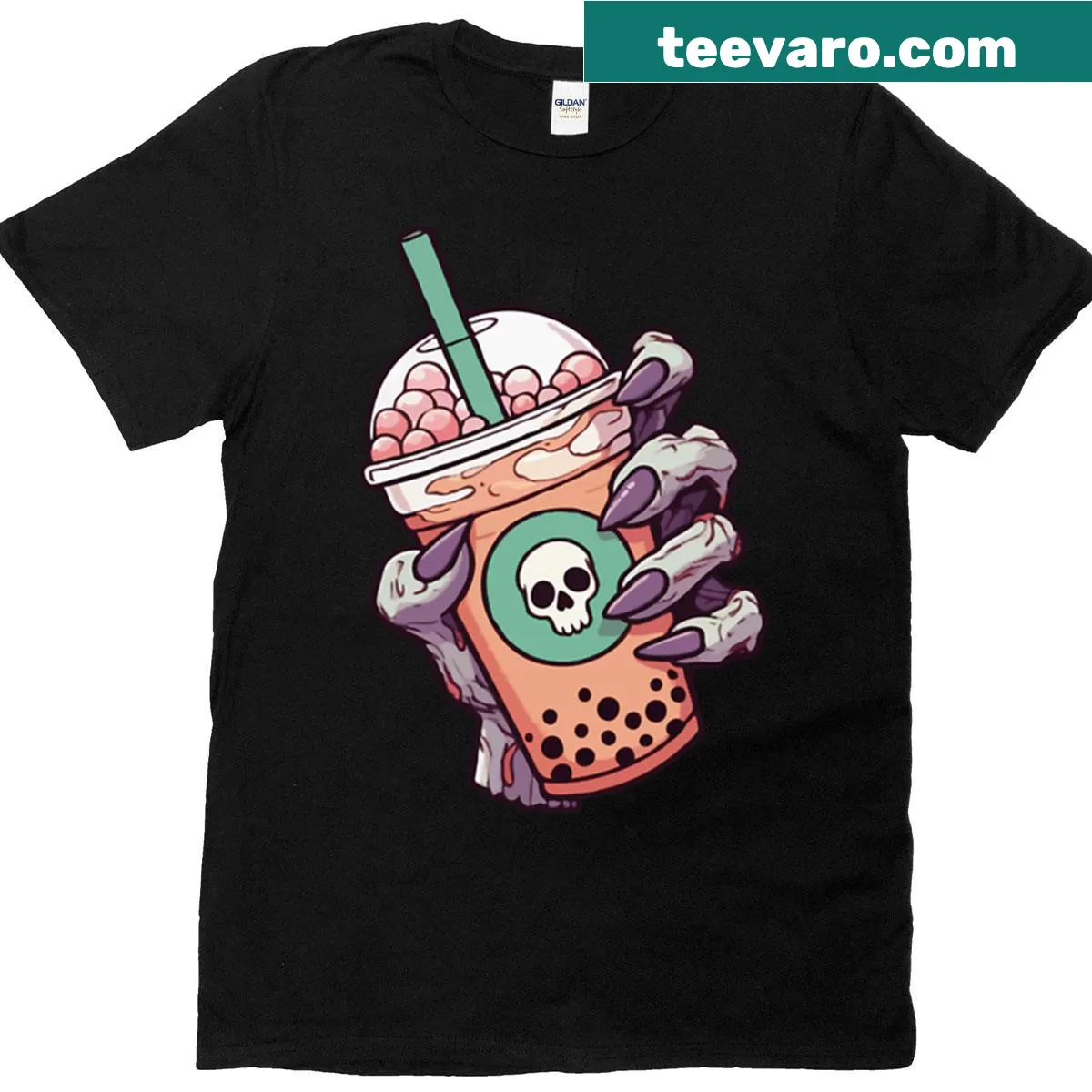 Zombie holding a boba tea cup in a playful illustrated t-shirt — on a men's t-shirt