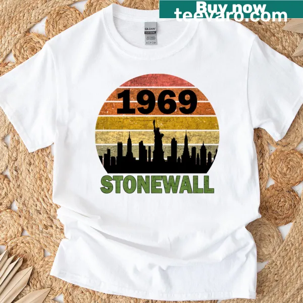 T-shirt celebrating the 1969 Stonewall riots with a retro design