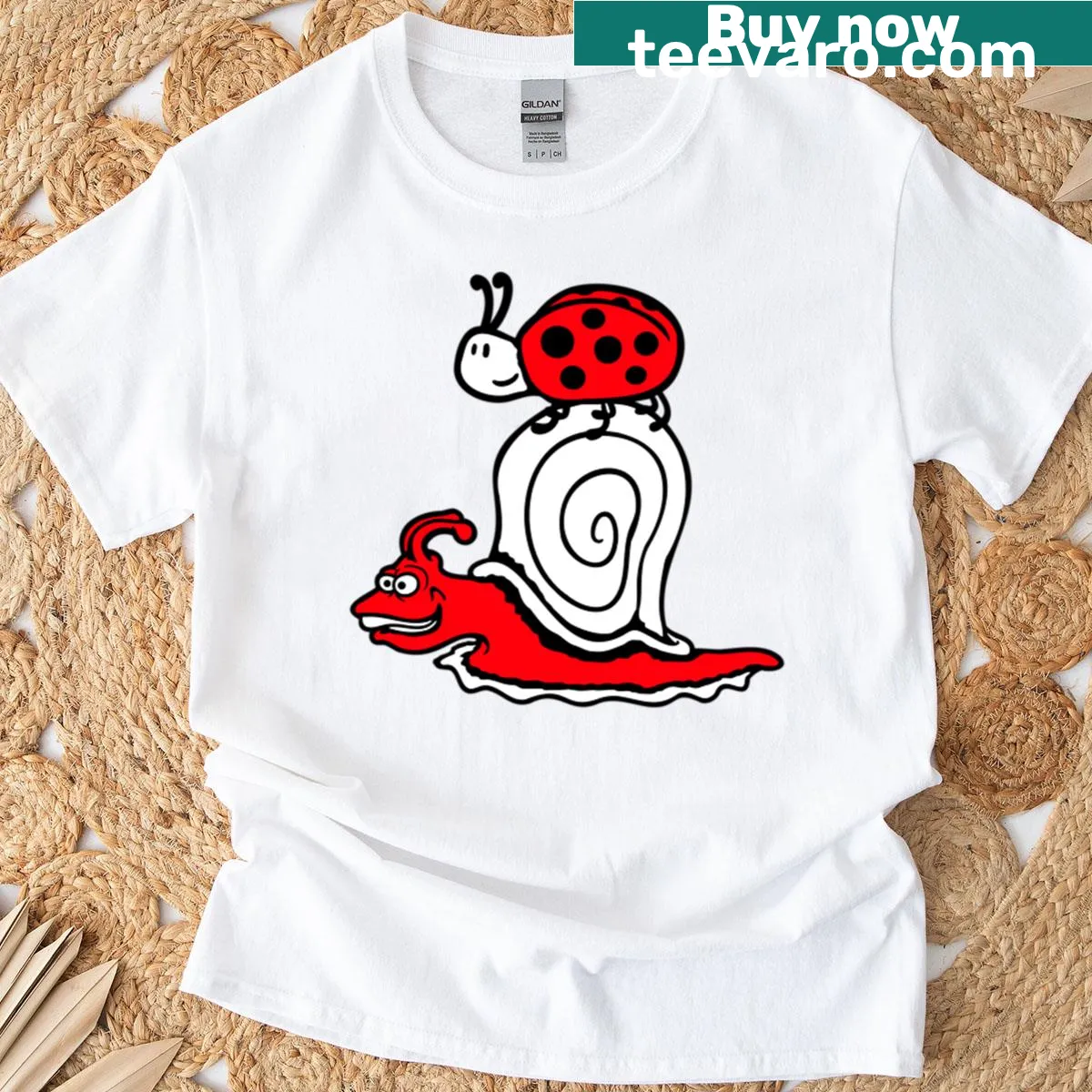 Illustration of a ladybug on a snail with beetles in a whimsical design — on a men's t-shirt