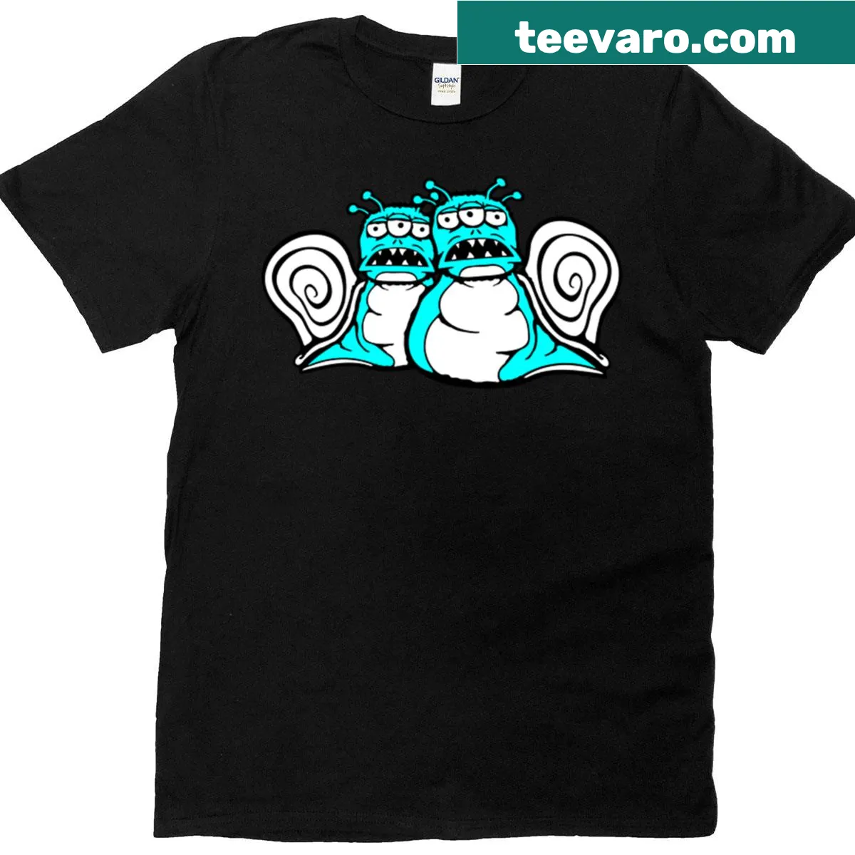 Halloween T-shirt featuring two alien snails with three eyes — on a men's t-shirt